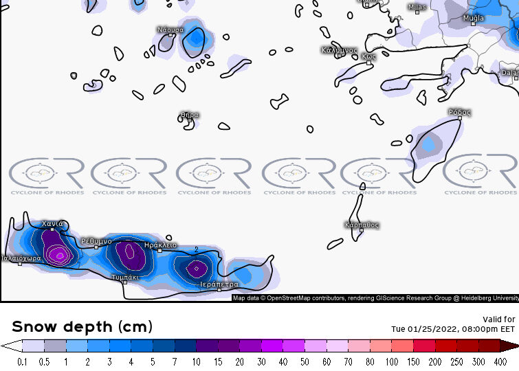 Χάρτης χιονόπωσης στα Δωδεκάνησα - Αποκλειστικό από τον "Κυκλώνα της Ρόδου"
